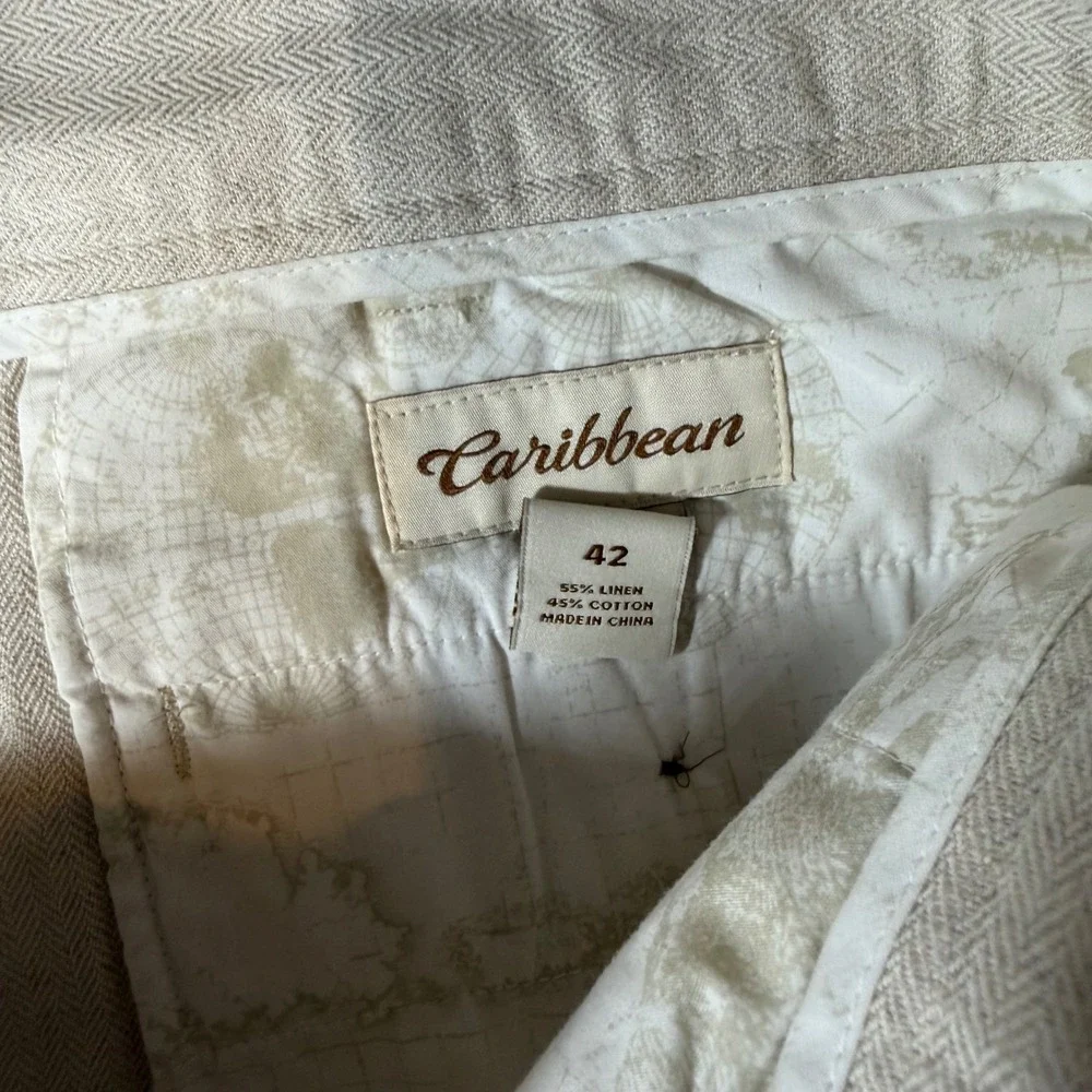 Caribbean Mens Pleated Linen Cotton Blend Shorts Beige Oatmeal 42 Herringbone